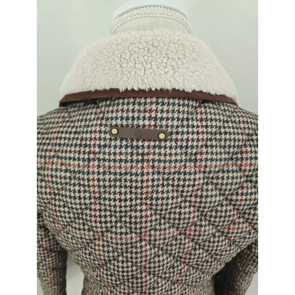 Lauren Ralph Lauren Houndstooth Quilted Jacket S Brown Green Faux Sherpa Collar - Picture 9 of 14